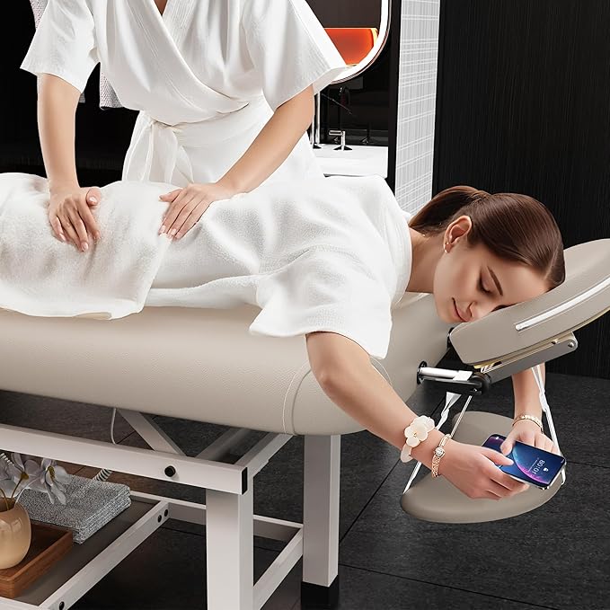 pouseayar Heavy Duty Electric Stationary Massage Table with Backrest Adjustable and Storage Space for Treatment/Medical Spa/Facial/Beauty/Massage Bed and More - 30 x 75 - Beige Gray