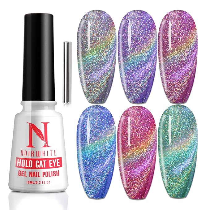 Cat Eye Gel Nail Polish 10ml 1pcs, Holographic Glitter Rainbow Cat Eye Gel Polish with 1Pcs Magnetic Stick for Nail Art Design Soak Off UV LED Magnetic Nail Polish Cat Eye Effect