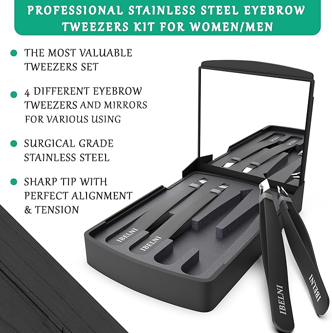 Tweezers Set with Mirror Case - Tweezers for Women facial hair-Professional Twizzers Facial Hair Tweezers for Eyebrows- Stainless Steel Tweezer kit with mirror compact (Black)