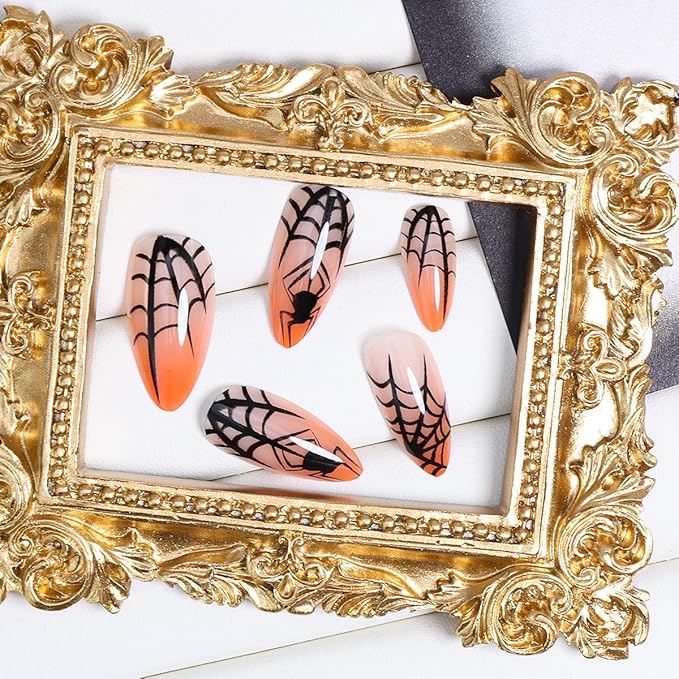24Pcs Halloween Press on Nails Medium Almond Fake Nails with Spider Design Halloween Glue on Nails Gradient Orange Acrylic Nails Spider Web Full Cover Goth False Nails for Women Manicure Decoration