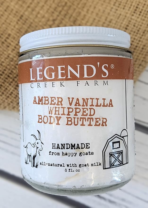 Legend's Creek Farm, Goat Milk Body Butter - Hydrating Natural Body Moisturizer with Organic Shea Butter & Grape Seed Oil - 8 Oz Purifying & Toning Whipped Body Butter (Amber Vanilla)