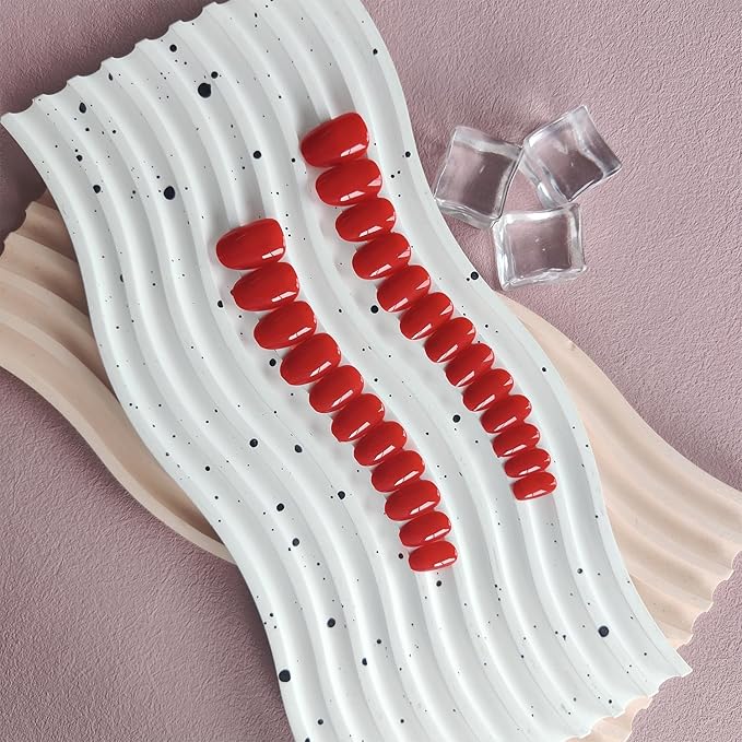 Red Short Almond Fake Nails Press ons, Short False Thick Solid Color Glue on Nails, Medium Almond Oval Round Shaped Nails for Women, 24Pcs Natural Acrylic Gel Nails