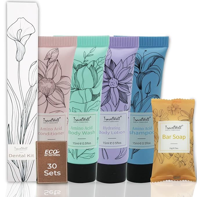 Travel Well Hotel Toiletry Kit Bulk - Individually Wrapped Guest Bathroom Essentials - Shampoo Conditioner Set & Travel Toiletries - Soap Bars & Dental Kits - 180-Piece Set, Mint Scent