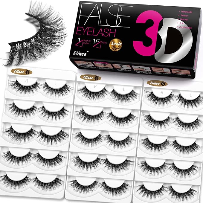 Eliace False Eyelashes Natural look Cat Eye Lashes Wispy Strips,15 Pairs, 3D Mink Lashes Fake Eyelashes Volume Fluffy Thin Soft Band Comfortable Long Thick Dramatic Cross Eyelash Reusable, Lexie Style