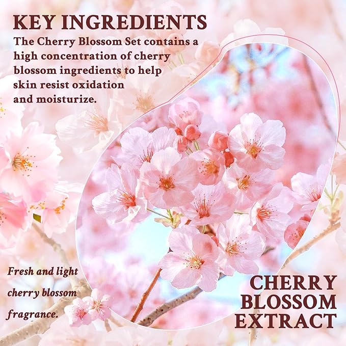 8PCS Sakura Skin Care Set,Moisturizing Skincare Kit with Face Cleanser,Facial Cream,Toner,Facial Serum,Face Masks and Eye Cream,Refreshing Hydrating Skin Care Gift Set for Women