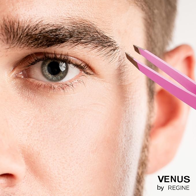 Venus by Regine Slant Tweezers - Handmade Precision Tool for Women & Men, 25-Degree Angle for Shaping Eyebrows & Grooming Facial Contours, Suitable for Eyebrow & Facial Hair Removal (Pink)