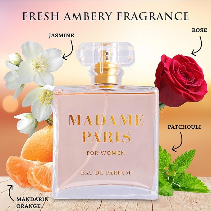 Madame Paris for Women Eau De Parfum 3.4 Oz Pure Femininity in a Bottle Delicate Floral Scents of Jasmine and May Rose A Fragrance That Will Get You Noticed Cruelty Free Perfume Precious Gift