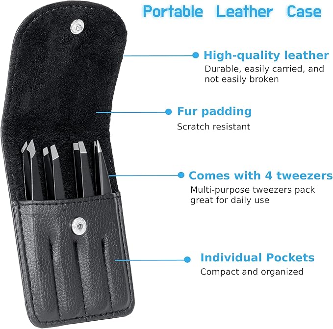 Rikans Precision Tweezers Set – Pack of 4 Black Professional Tweezers – Handy Carry Pouch – Superior Stainless Steel Tweezer Set – Splinters, Eyebrows, Facial or Ingrown Hair – Blackheads Remover