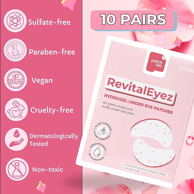 RevitalEyez Brightening Hydrogel Under Eye Patch with Niacinamide, Collagen & Rose Petals for Puffy Eyes, Wrinkles, Dark Circles (10 pairs)
