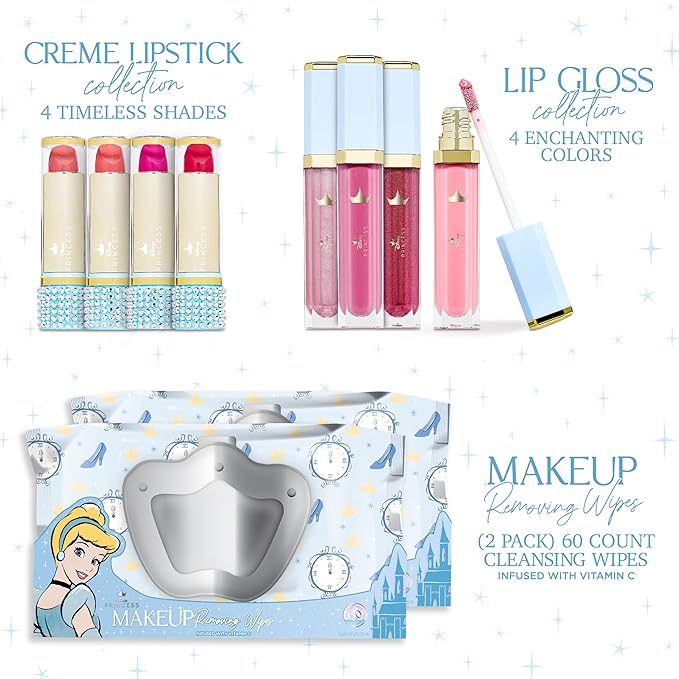 Belle Maison Disney Cosmetic Makeup Set, Makeup Essential Collection, Princess Cinderella - Includes 4pc Lip Gloss, 4pc Lipstick, 60ct Facial Cleansing Wipes (2pk)