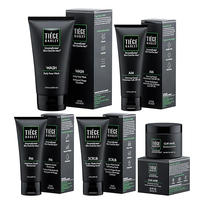Tiege Hanley 90 Day Large Skin Care Set for Men, Advanced Routine, System Level 2, Daily Face Wash, Facial Scrub, Two Moisturizers, and Eye Cream for Healthy Skin, Men’s Skin Care, 5 Piece Kit