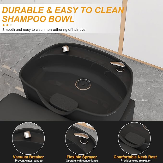 Shampoo Bowl and Chair Set for Salon, Hair Washing Station for Hair Stylist, ABS Backwash Shampoo Bowl Sink with Independent Footrest for Spa Beauty Barbershop(Black+Gold)