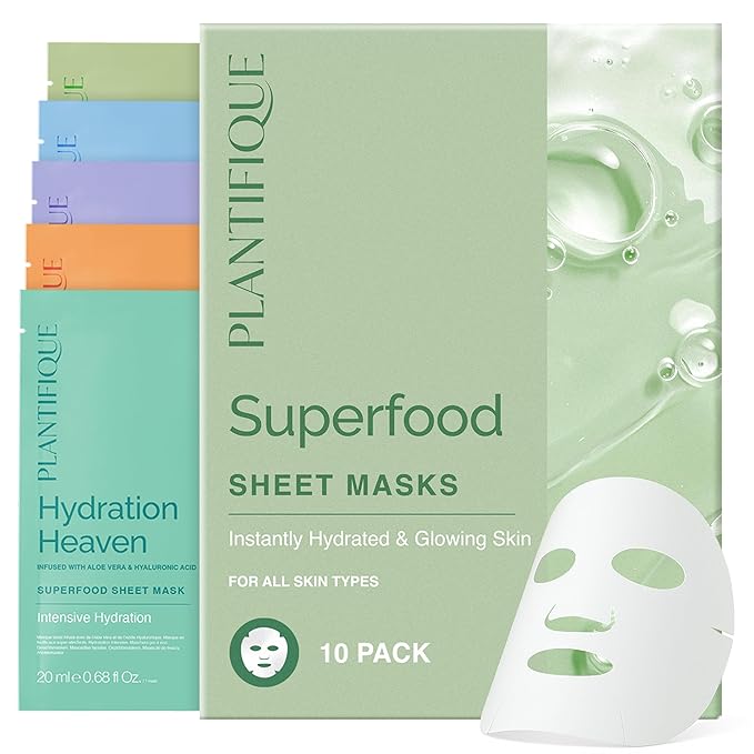 PLANTIFIQUE Superfood Facial Sheet Mask Variety Box 10 Pack – 2x Coconut, Aloe, Vitamin C, Centella & Collagen Face Masks – Hydrating & Glow-Enhancing – For All Skin Types