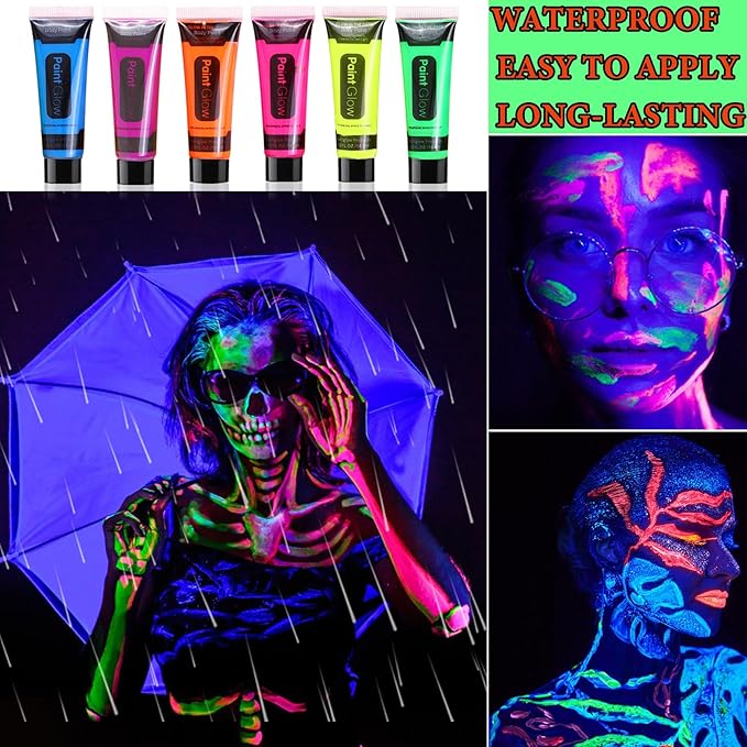 12 Pcs Glow in the Dark Face Body Paint,Blacklight Neon Face & Body Paints,Easily Cleanable Paint Set Neon Makeup Glow in the Dark Party Supplies