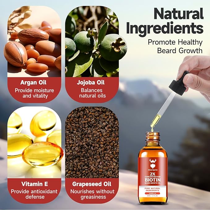 Beard Growth Oil - 2X Concentration Biotin for Men (2 oz) - Natural With Argan, Jojoba and Vitamin, Growth Softener, Moisturizer (Vanilla)