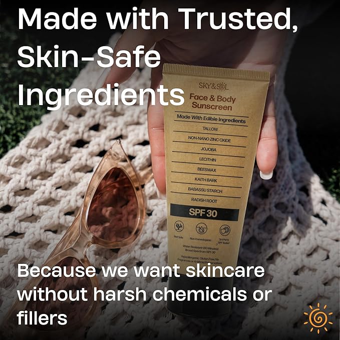 Natural Mineral Sunscreen SPF 30 3 oz: Natural Tallow & Zinc Oxide, Reef Safe, Water Resistant, Fragrance-Free, Non-Greasy Formula for Face and Body