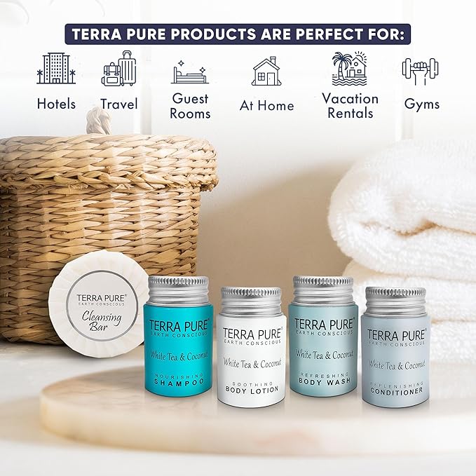 Terra Pure White Tea & Coconut Toiletries Set | 1-Shoppe Amenities Kit | 1oz Shampoo & Conditioner, Body Wash, Lotion, 1.25oz Bar Soap | Travel Size | 300 Pieces