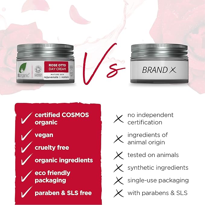 Dr. Organic Rose Otto Day Cream | Hydrates and Rejuvenates, Supports Healthy-Aging, Natural, Certified Organic, Paraben & SLS-Free, 50 mL / 1.7 fl oz