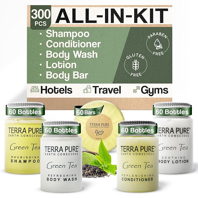 Terra Pure Hotel Soaps & Toiletries Bulk Set | 1-Shoppe Amenities Kit | 1oz Shampoo & Conditioner, Body Wash, Lotion, 1.25oz Bar Soap | Travel Size | 300 Pieces