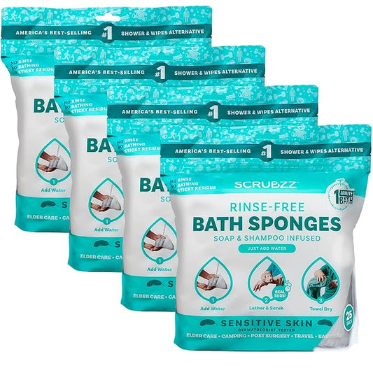 Scrubzz Disposable No Rinse Bathing Wipes for Sensitive Skin - All-in-1 Single Use Shower Wipes, Simply Dampen, Lather, and Dry Without Shampoo or Rinsing (Sensitive Skin, 4-Pack)