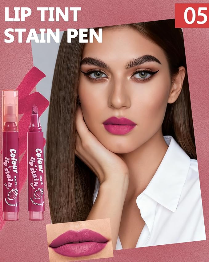 Lip Tint Stain Pen, Berry Red Waterproof Long Lasting Matte Lip Liner Stain Pencil, High Pigment Quick Dry Liquid Lipstick, Non Sticky Smudgeproof Lip Tint Gloss, Christmas Makeup Gift for Women-05