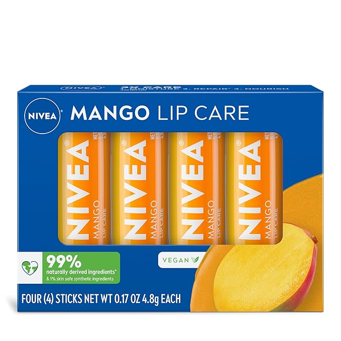 NIVEA Mango Lip Care, Vegan Lip Balm Pack with Shea Butter, Nourishing Oils and Vitamin C & E, 3-in-1 Moisturize, Repair and Protect, 0.17 Oz Stick, Pack of 4