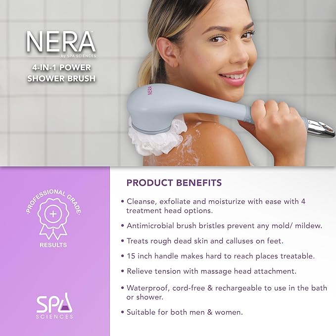 Spa Sciences - NERA - 4-in-1 Shower/Bath Body Brush for Exfoliation, Deep Cleansing, Foot Care, Lotion Infuser, and Massage