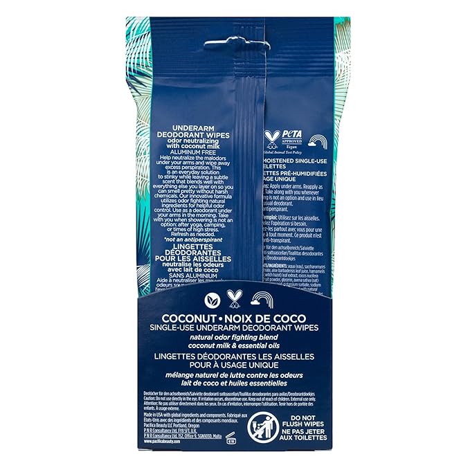 Pacifica Beauty Coconut Milk & Essential Oils Underarm Deodorant Wipes, Helps Remove Odor, Aluminum-Free, Vegan & Cruelty-Free, 30 Wipes (2-Pack)