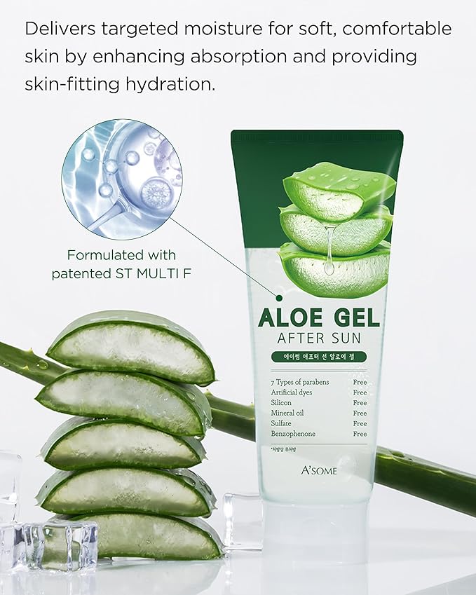 A'SOME After Sun Aloe Soothing Gel Korean Multi-Purpose Cooling Moisturizer with 99% Aloe Vera and Cica for Face Hair & Body for Dry Sensitive Skin, Non-Sticky Formula Free from Parabens, 6.8fl.oz