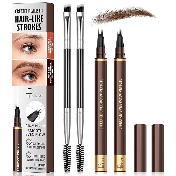 2 Pack 4-Tip Microblading Eyebrow Pen with 2 Brow Brushes, Waterproof Vegan Formula Eyebrow Pencils for Women to Effortlessly Create Natural Hair-Like Strokes, All-Day Wear (Espresso)