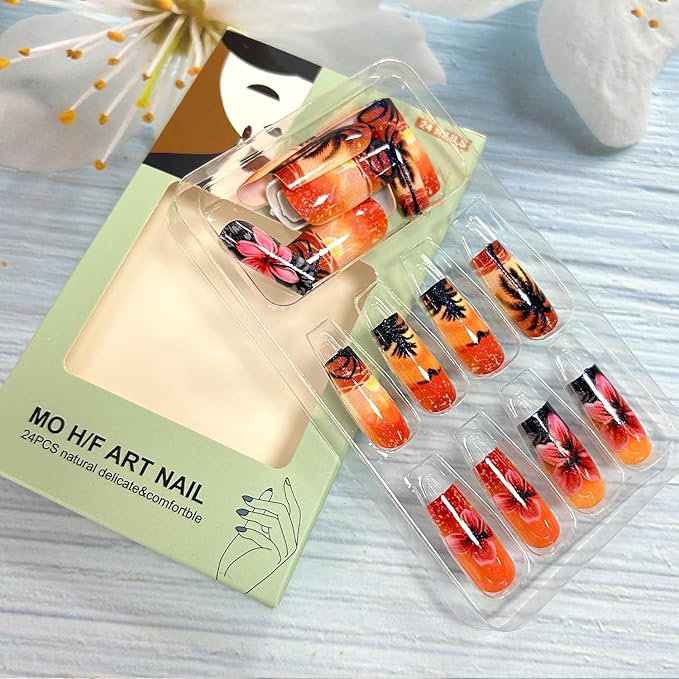 Coconut Tree Flower Press on Nails Long Length Pink Floral Sunset Pattern Design Full Cover Glossy Square Acrylic False Nail Summer Artificial Fingernails 24Pcs Reusable Glue on Nails for Women