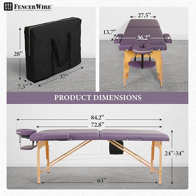Fencer Wire 84 Inch Premium Memory Foam Massage Table, Foldable Massage Bed, Height Adjustable Spa Bed, Facial Cradle Salon Bed Wooden Legs & Carry Case, Purple, 28 Inch Wide