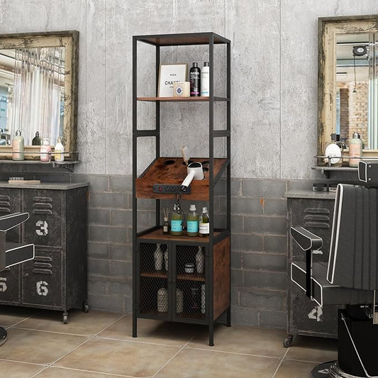 Industrial Salon Station for Hair Stylist, Beauty Spa Shelf and Storage Cabinet with Dryer Hole, 7 Tool Holders, Power Outlets, Styling Equipment for Barber Bathroom, 70.8" H, Rustic Brown