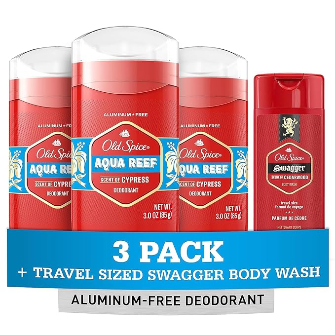 Old Spice Aluminum Free Deodorant for Men, 24/7 Odor Protection, 24/7 Freshness & Lasting Scent, Aqua Reef with Cypress Scent, 3.0 oz with Travel Size Swagger Body Wash (Pack of 4)