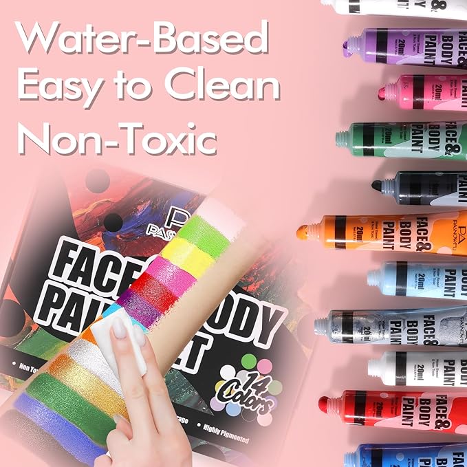 14 Colors Face Body Painting Kit, Full Coverage Water Based Face Paint Set for Cosplay Skull Joker Zombie Vampire, Highly Pigmented Body Paint Cream for Adult Carnival Halloween SFX Makeup