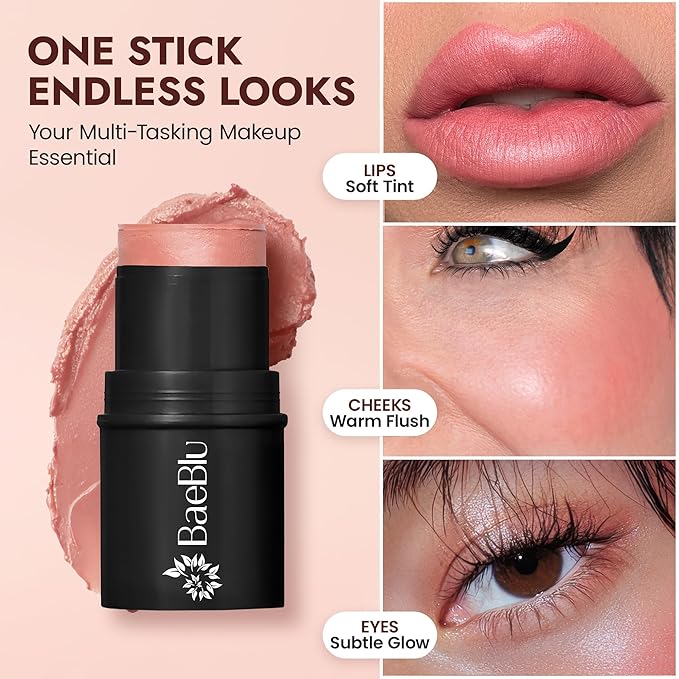 BaeBlu - Organic Blush Tube, Rose - 100% Natural Vegan Cream Blush Sticks, Multi-Use Bronzer, & Highlighter for Lips, Cheeks & Eyes, Buildable Shimmer, Gluten-Free, Paraben-Free, Made in USA