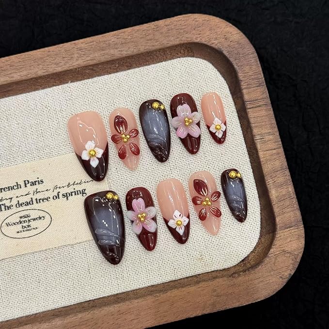 Handmade Press on Nails Almond Medium Fake Nails with 3D Flower Designs Glossy Brown Cute Fall Acrylic Nails for Women 10pcs(Size M）