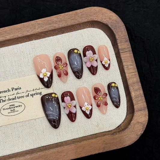 Handmade Press on Nails Almond Medium Fake Nails with 3D Flower Designs Glossy Brown Cute Fall Acrylic Nails for Women 10pcs(Size M）