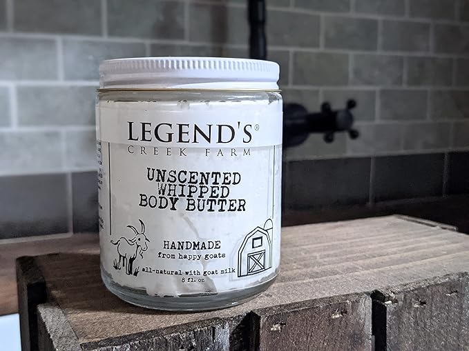 Legend's Creek Farm, Goat Milk Body Butter - Hydrating Natural Body Moisturizer with Organic Shea Butter & Grape Seed Oil - 8 Oz Purifying & Toning Whipped Body Butter (Unscented)