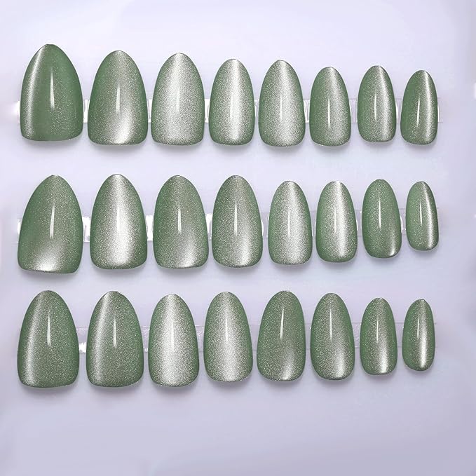 Green Almond Press On Nails Short Cat Eye Press on Nails with Glue for Women Ashionable Gel False Nails Reusable Acrylic False Nails Women's Glitter Nails Glue On Nails Kit, Mint Green