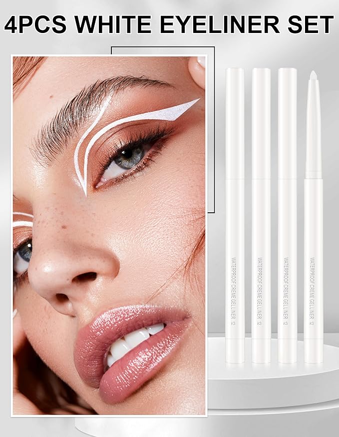 4PCS White Eyeliner, Waterproof Smudge Proof Long-lasting,High-Pigmented Colorful Eye Liner, Retractable