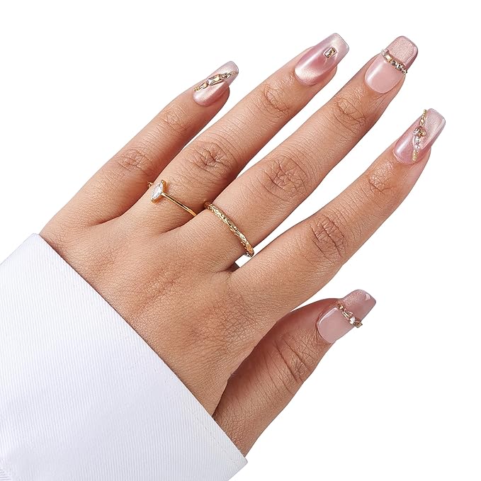 Medium-Champagne Glam Fake Nails Press-On Manicure Kit for Women | French Tip 10 Nails | Nail Glue, Dual Nail File, Cuticle Stick, Buffer Block | Measure Before Ordering