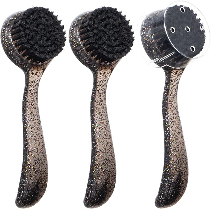 3 Pcs Large Handheld Face Scrubber, Beomeen Facial Cleansing Brush Charcoal Black Bristles Face Exfoliator Cleaner Soft Brush with Lid for Gentle Deep Cleansing and Exfoliating (Black-Glitter)