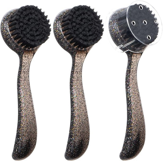 3 Pcs Large Handheld Face Scrubber, Beomeen Facial Cleansing Brush Charcoal Black Bristles Face Exfoliator Cleaner Soft Brush with Lid for Gentle Deep Cleansing and Exfoliating (Black-Glitter)