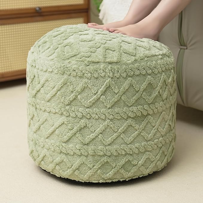 Round Stuffed Pouf Ottoman for Foot Rest, Faux Fur Poufs with Foam Chunk Filling, Storage Ottoman Pouf Foot Stool Cushion, 20 X 15 InchFloor Poufs Foot Rest for Living Room Bedroom Home Decor (Green)