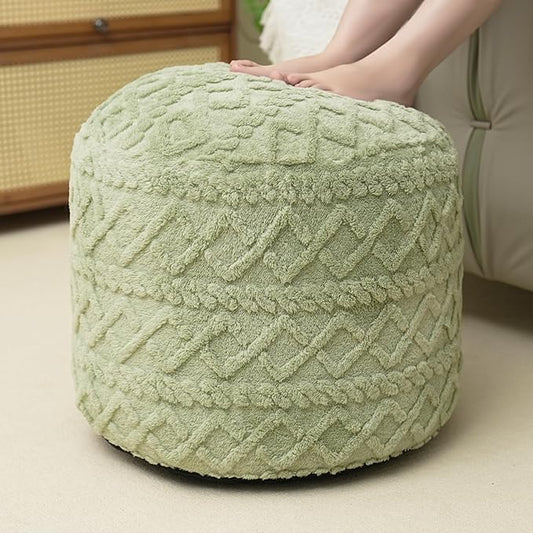 Round Stuffed Pouf Ottoman for Foot Rest, Faux Fur Poufs with Foam Chunk Filling, Storage Ottoman Pouf Foot Stool Cushion, 20 X 15 InchFloor Poufs Foot Rest for Living Room Bedroom Home Decor (Green)