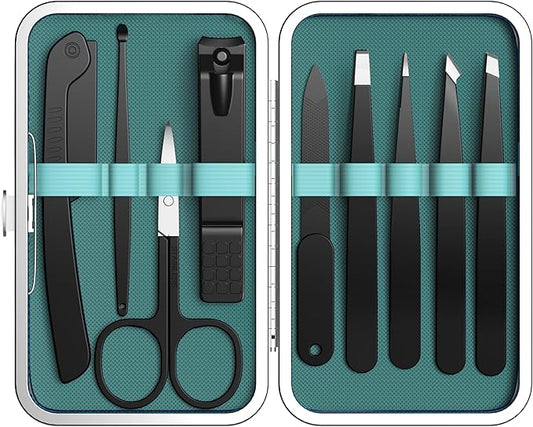 Yougai 9 Pcs Tweezers and Nail Clippers Kit for Facial Hair Women with Travel Case, Professional Stainless Steel Eyebrow Tweezers Kit Great Precision Tweezers for Daily Beauty Tool