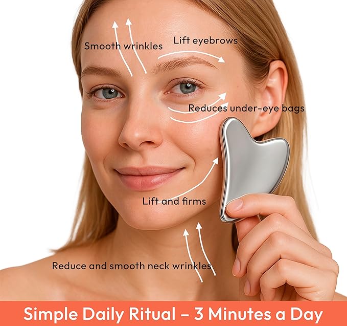 Stainless Steel Gua Sha Facial Tool for Face Sculpting, Lymphatic Drainage, Acne-Prone & Mature Skin, Puffiness, Anti-Aging & Deep Face Massage (Silver)
