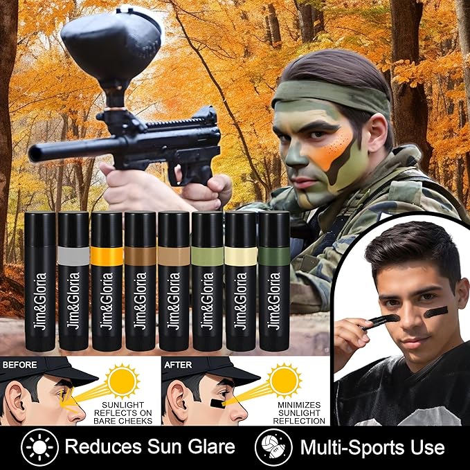 Jim&Gloria Water-Resistant Hunting Camo Face Paint Sticks - 8 Colors Camouflage Face Painting Kit Military Stuff Shooting Game Airsoft, Paintball, Tactical Gear, Eye Black Baseball, Softball, Football