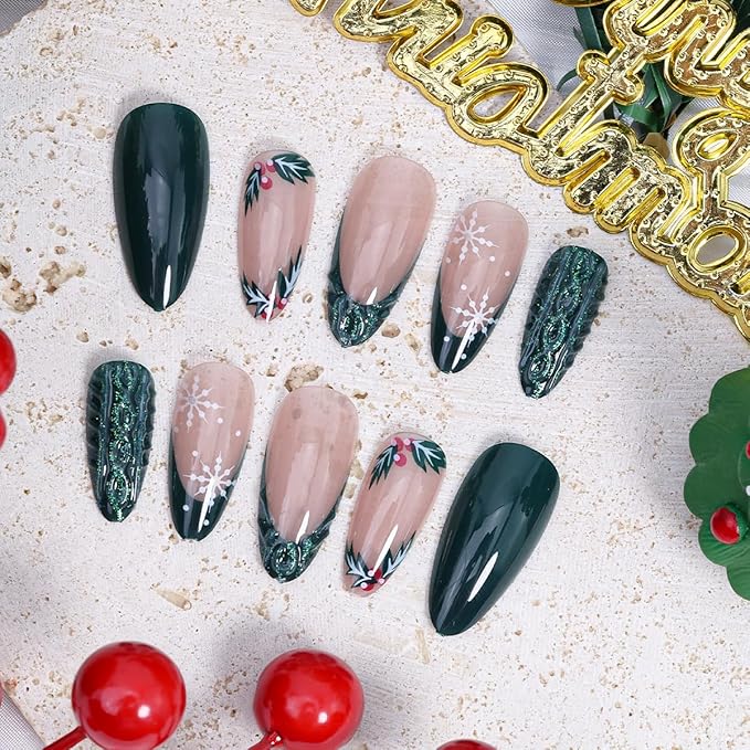 24Pcs Christmas Press on Nails Medium French Tip Fake Nails Winter Snowflake Acrylic Nail Xmas Holly Candy Design Cute Almond False Nail Green Full Cover 3D Christmas Glue on Nails Supplies for Women